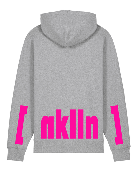 [neukölln] Heather Grey – hoodie: heather grey / schriftfarbe [nklln]: neon pink