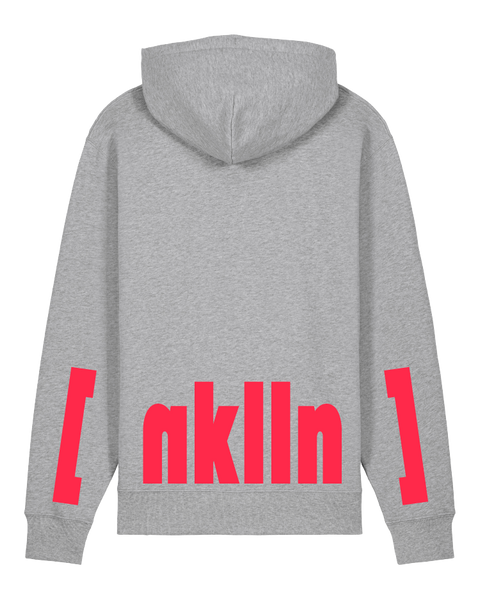 [neukölln] Heather Grey – hoodie: heather grey / schriftfarbe [nklln]: neon red