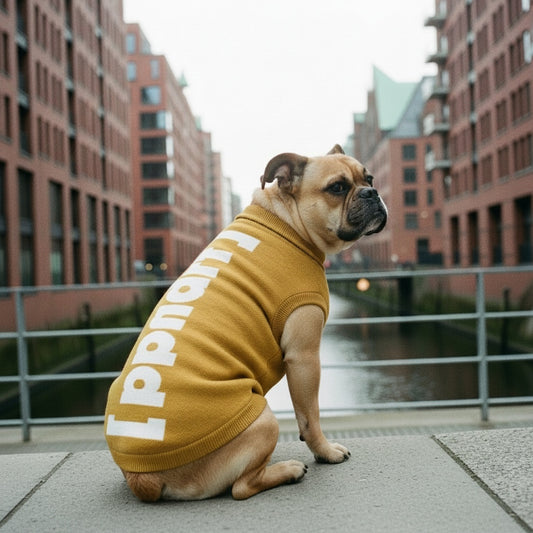 Mehr als ein Hundepullover. Ein Stück Eppendorf. Ein Stück Zuhause. Farbe: Senf/Weiß